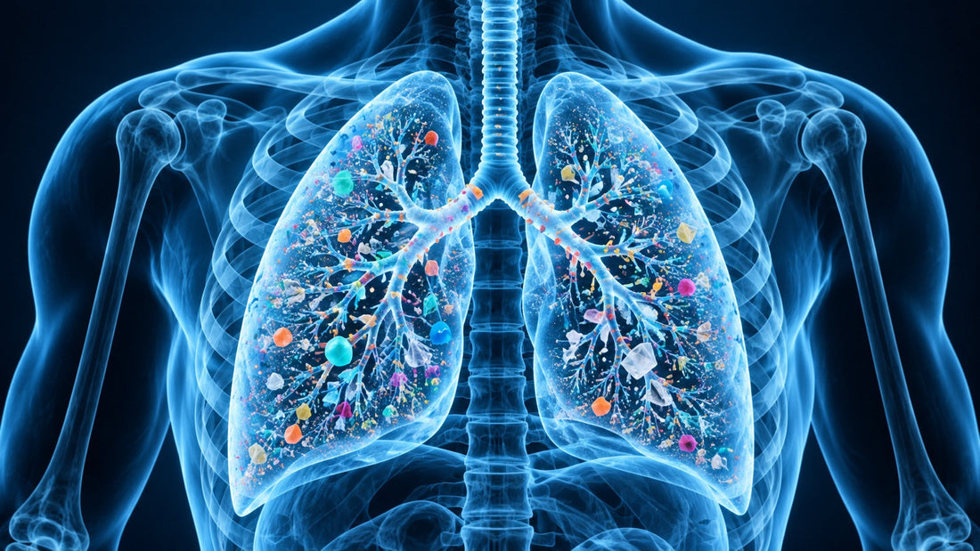 Translucent blue illustration of human lungs and rib cage with colorful microplastic particles inside the airways