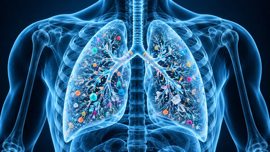 Translucent blue illustration of human lungs and rib cage with colorful microplastic particles inside the airways