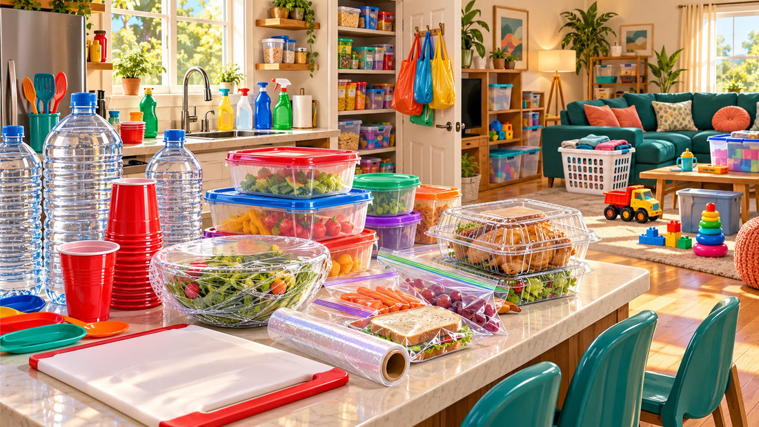 Kitchen and living room crowded with plastic food containers, water bottles, red plastic cups, cling wrap, and plastic toys