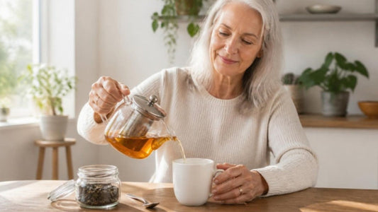 Older woman pouring loose leaf tea from a glass teapot with a steel infuser at a sunlit kitchen table