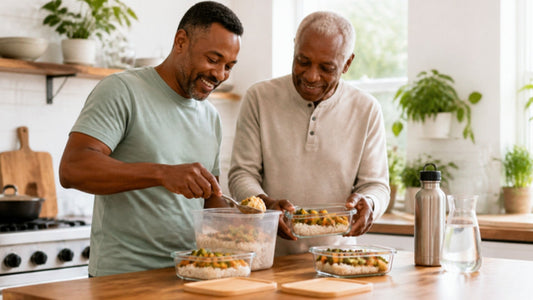 Middle-aged man and his older father moving leftovers into glass containers in a bright, sunlit kitchen
