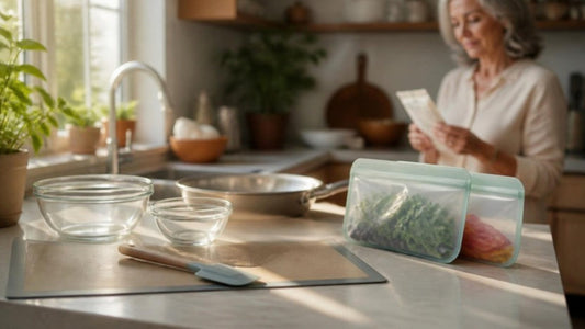 Silicone spatula, baking mat and storage bags beside glass bowls on a sunlit kitchen counter