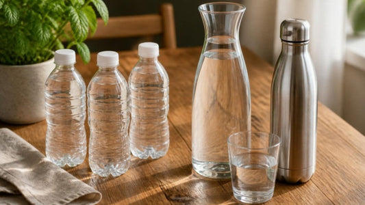 Unlabeled plastic water bottles beside a glass carafe of water and a steel bottle on a sunlit wooden table