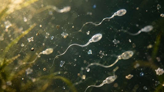 Close-up of sperm cells swimming among tiny microplastic fragments
