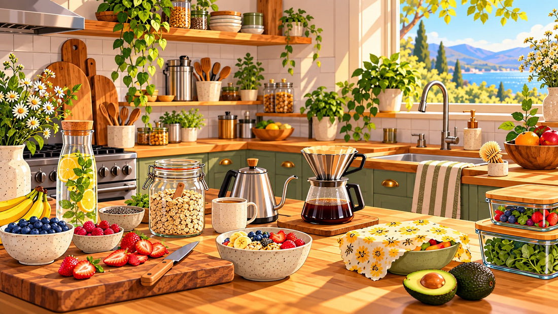 Sunlit kitchen counter with glass jars, a pour-over coffee maker, steel kettle, fresh fruit, and glass food containers