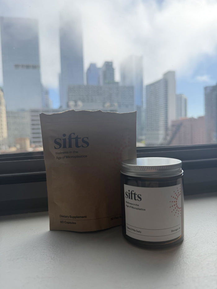 Sifts Daily jar and pouch by a city window, shared by a customer